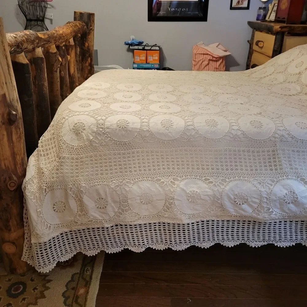 Antique Vintage Hand Crochet Lace King Size Duvet Cover Off-white Cream